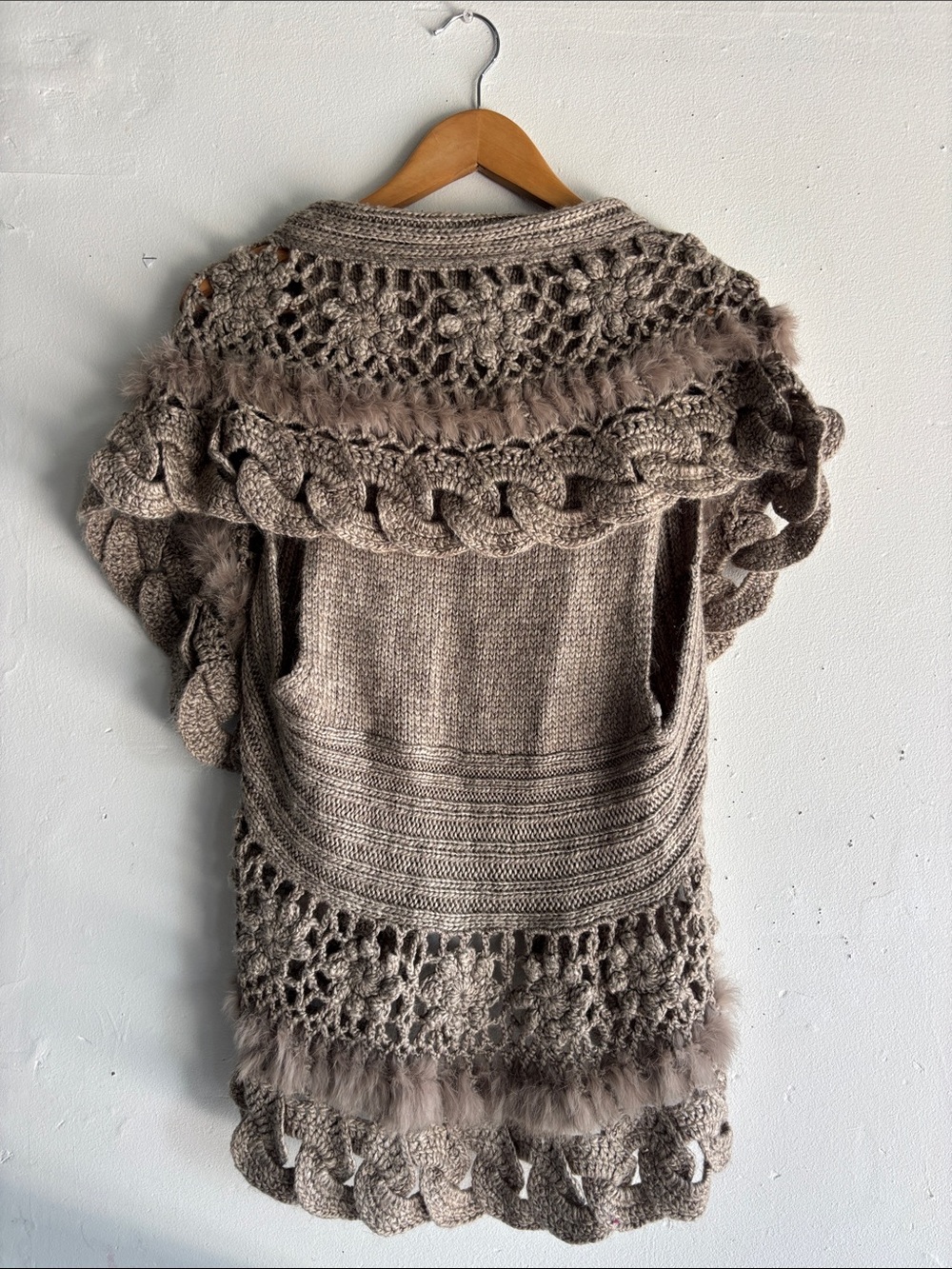 Lavish Taupe Crochet Wool Knit & rabbit fur trim Sweater Vest - Picture 6 of 8